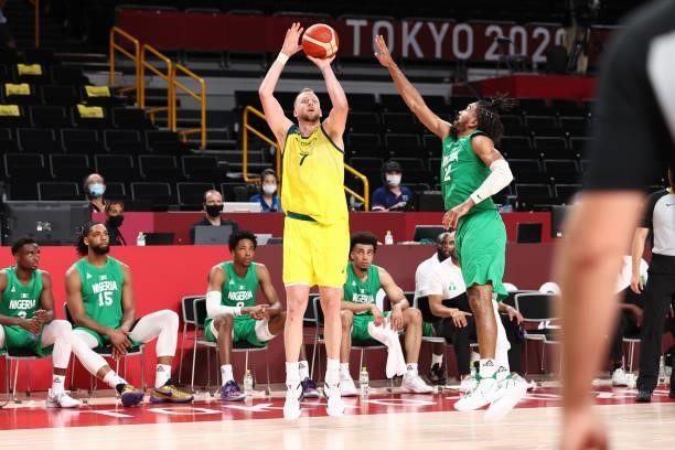 Joe Ingles of the Australia Men's National Team shoots a three point basket against the Nigeria Men's National Team during the 2020 Tokyo Olympics on...
