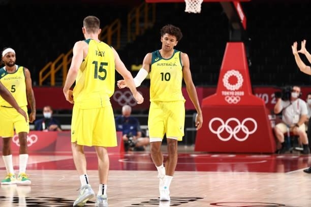 Nic Kay and Matisse Thybulle of the Australia Men's National Team high fives during the 2020 Tokyo Olympics on July 25, 2021 at Saitama Super Arena...