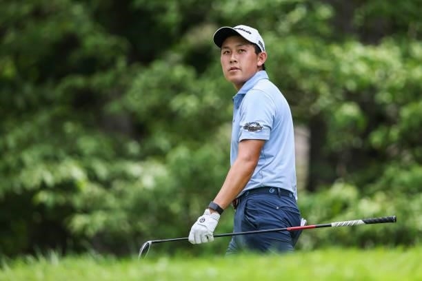 Dylan Wu looks on after playing his shot from the 9th tee during the final round of the Price Cutter Charity Championship presented by Dr. Pepper at...
