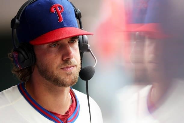 Pitcher Aaron Nola of the Philadelphia Phillies is interviewed after defeating the Atlanta Braves 2-1 in a game at Citizens Bank Park on July 25,...