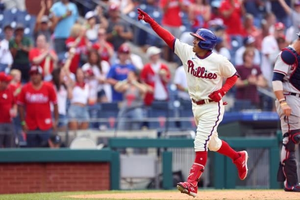 Ronald Torreyes of the Philadelphia Phillies celebrates after hitting a home run against the Atlanta Braves in the eighth inning of a game at...