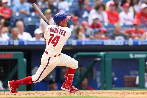 Ronald Torreyes of the Philadelphia Phillies hits a home run against the Atlanta Braves in the eighth inning of a game at Citizens Bank Park on July...