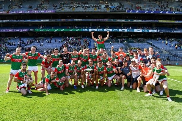 Dublin , Ireland - 25 July 2021; The Mayo squad celebrate with the Nestor Cup after the Connacht GAA Senior Football Championship Final match between...