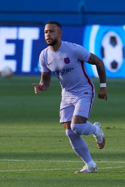 Memphis Depay of Barcelona during the pre-season friendly match between FC Barcelona and Girona FC at Estadi Johan Cruyff on July 24, 2021 in...