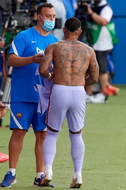 Memphis Depay of Barcelona during the pre-season friendly match between FC Barcelona and Girona FC at Estadi Johan Cruyff on July 24, 2021 in...