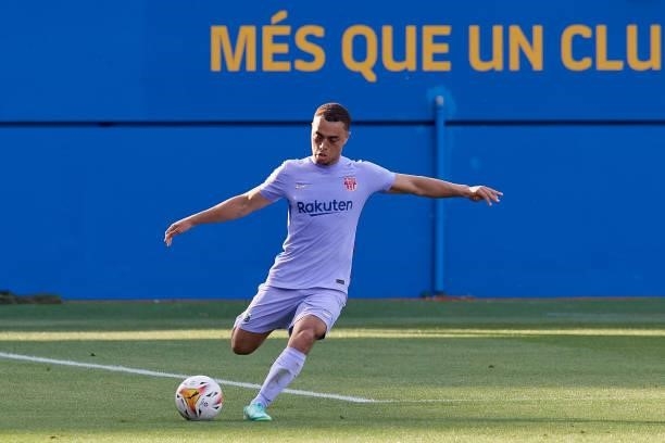 Sergiño Dest of Barcelona does passed during the pre-season friendly match between FC Barcelona and Girona FC at Estadi Johan Cruyff on July 24, 2021...