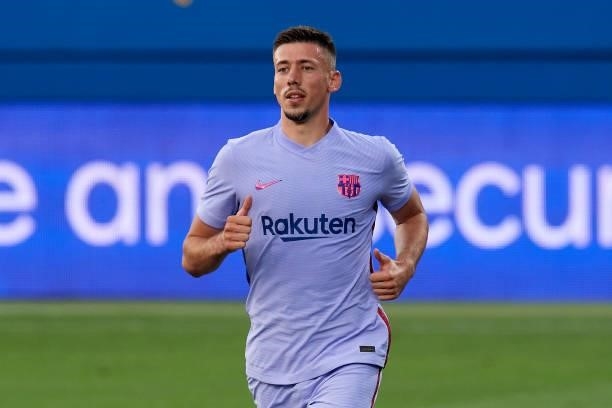 Clement Lenglet of Barcelona during the pre-season friendly match between FC Barcelona and Girona FC at Estadi Johan Cruyff on July 24, 2021 in...