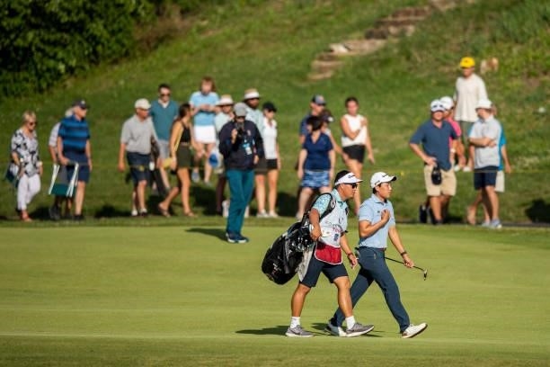 Dylan Wu walks to the 18th green during the final round of the Price Cutter Charity Championship presented by Dr. Pepper at Highland Spring Country...