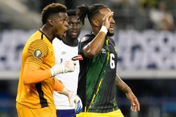 Jamaica's goalkeeper Andre Blake reacts after a save during the Concacaf Gold Cup quarterfinal football match between USA and Jamaica at the AT&T...