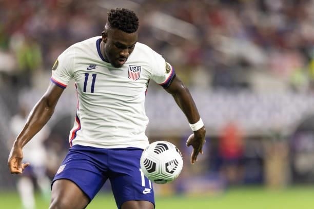 S forward Daryl Dike controls the ball during the Concacaf Gold Cup quarterfinal football match between USA and Jamaica at the AT&T stadium in...