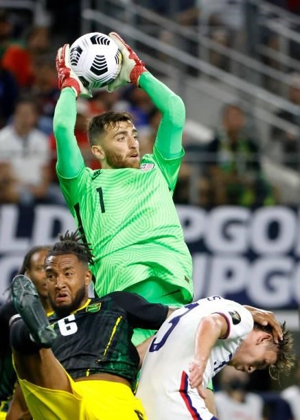 Matt Turner of the United States makes a save against Jamaica in the second half of a 2021 CONCACAF Gold Cup Quarterfinals match at AT&T Stadium on...