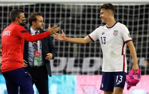 Matthew Hoppe of the United States celebrates with the team after the United States defeated Jamaica 1-0 in a 2021 CONCACAF Gold Cup Quarterfinals...