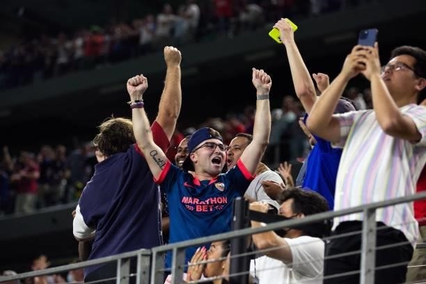 S fans celebrate after forward Matthew Hoppe scored a goal during the Concacaf Gold Cup quarterfinal football match between USA and Jamaica at the...