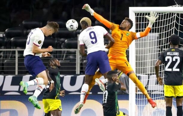 Matthew Hoppe of the United States heads in the winning goal past Andre Blake of Jamaica in the second half of a 2021 CONCACAF Gold Cup Quarterfinals...