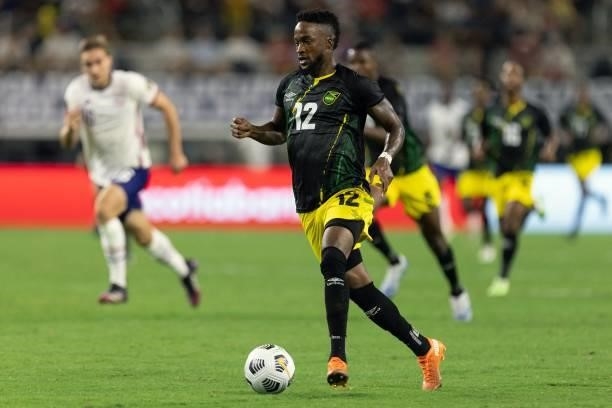 Jamaica's forward Junior Flemmings controls the ball during the Concacaf Gold Cup quarterfinal football match between USA and Jamaica at the AT&T...