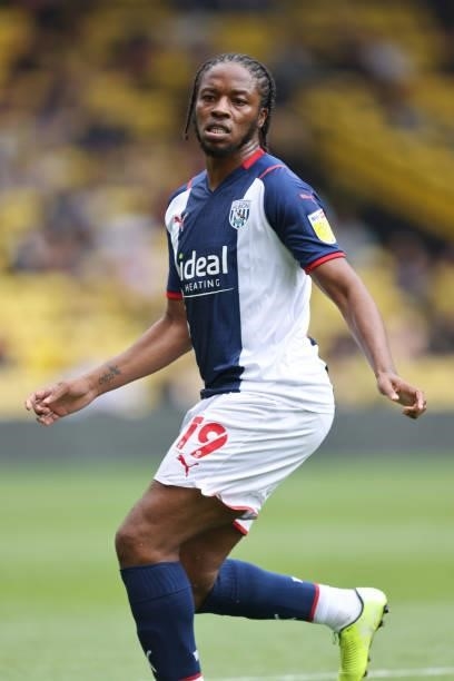 Romaine Sawyers of West Bromwich Albion during the Pre-Season Friendly between Watford and West Bromwich Albion at Vicarage Road on July 24, 2021 in...