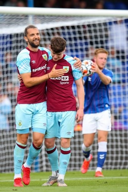 Jay Rodriguez of Burnley celebrates after scoring a goal to make it 0-2 during the Pre Season Friendly match between Oldham Athletic and Burnley at...