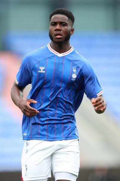 Junior Luamba of Oldham Athletic during the Pre Season Friendly match between Oldham Athletic and Burnley at Boundary Park on July 24, 2021 in...