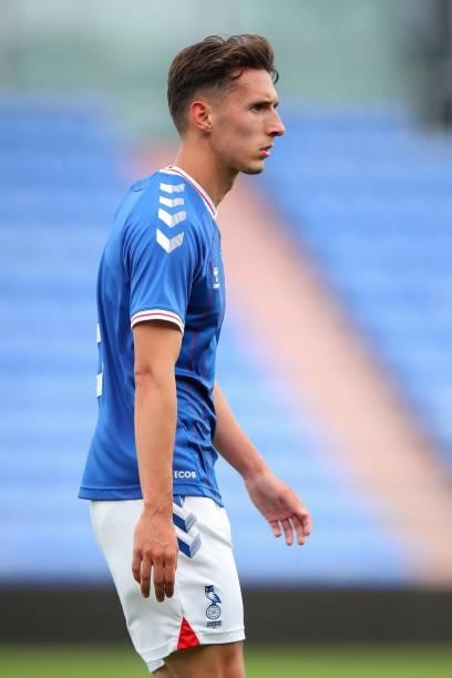 Callum Whelan of Oldham Athletic during the Pre Season Friendly match between Oldham Athletic and Burnley at Boundary Park on July 24, 2021 in...