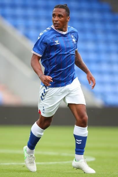 Neil Danns of Oldham Athletic during the Pre Season Friendly match between Oldham Athletic and Burnley at Boundary Park on July 24, 2021 in Oldham,...