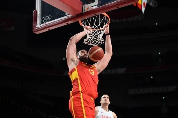 Spain's Marc Gasol dunks the ball during the men's preliminary round group C basketball match between Japan and Spain of the Tokyo 2020 Olympic Games...