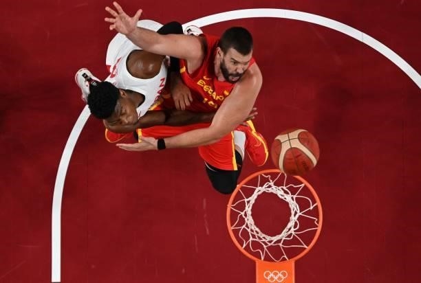 Spain's Marc Gasol fights for a rebound with Japan's Rui Hachimura in the men's preliminary round group C basketball match between Japan and Spain...