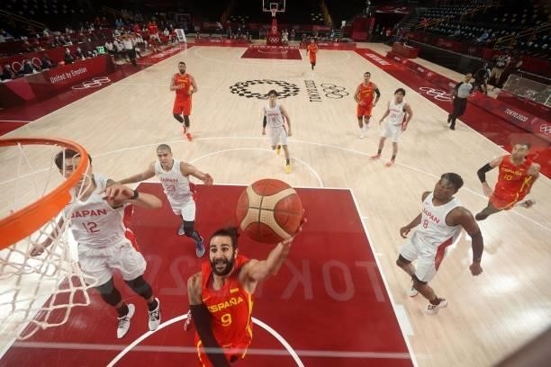 Spain's Ricky Rubio goes to the basket in the men's preliminary round group C basketball match between Japan and Spain during the Tokyo 2020 Olympic...