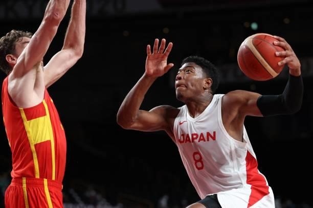 Japan's Rui Hachimura goes to the basket in the men's preliminary round group C basketball match between Japan and Spain during the Tokyo 2020...