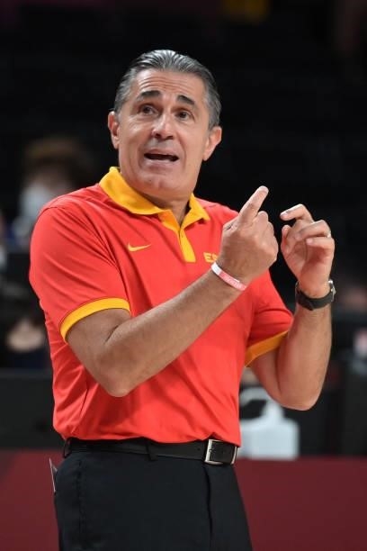 Spain's coach Sergio Scariolo gestures from the sidelines during the men's preliminary round group C basketball match between Japan and Spain during...