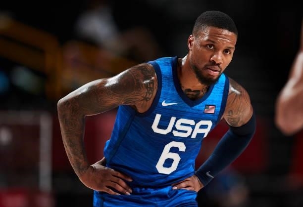 Damian Lillard of USA looks on on day two in the Men's First Round Group A match between France and USA at the Tokyo 2020 Olympic Games at Saitama...