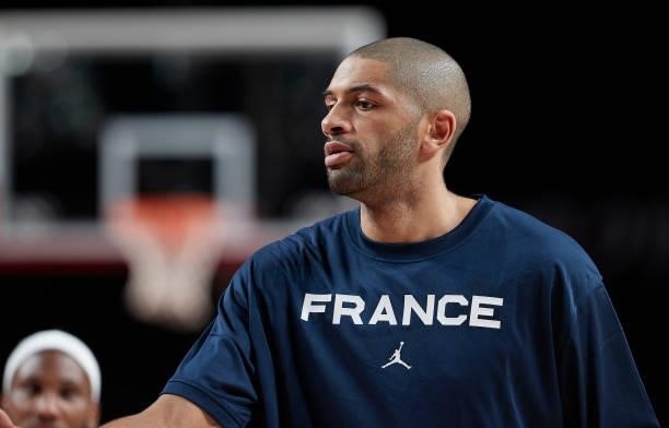 Nicolas Batum of France warms up on day two in the Men's First Round Group A match between France and USA at the Tokyo 2020 Olympic Games at Saitama...