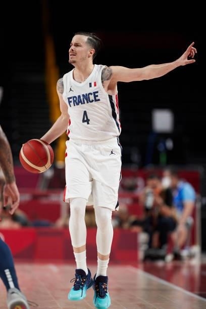 Thomas Heurtel of France controls the ball on day two in the Men's First Round Group A match between France and USA at the Tokyo 2020 Olympic Games...