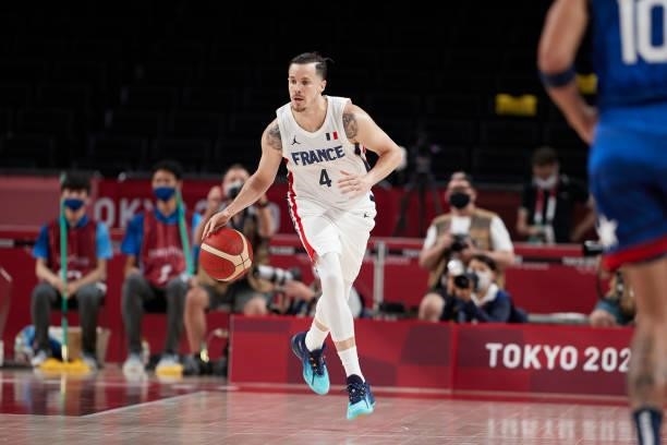 Thomas Heurtel of France controls the ball on day two in the Men's First Round Group A match between France and USA at the Tokyo 2020 Olympic Games...