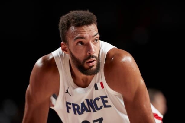 Rudy Gobert of France looks on on day two in the Men's First Round Group A match between France and USA at the Tokyo 2020 Olympic Games at Saitama...