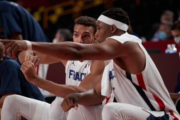 Rudy Gobert of France and Guerschon Yabusele of France gestures on day two in the Men's First Round Group A match between France and USA at the Tokyo...