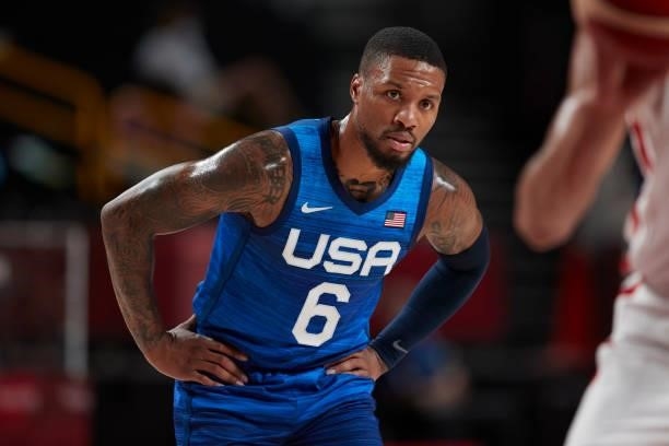 Damian Lillard of USA looks on on day two in the Men's First Round Group A match between France and USA at the Tokyo 2020 Olympic Games at Saitama...