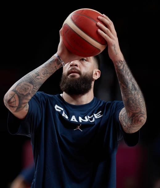 Vincent Poirier of France warms up on day two in the Men's First Round Group A match between France and USA at the Tokyo 2020 Olympic Games at...