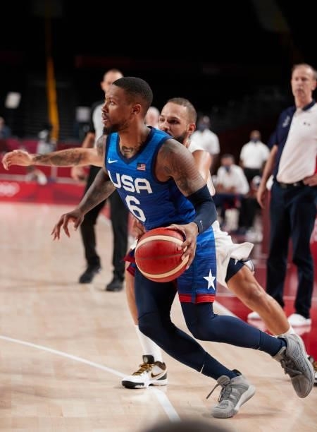 Damian Lillard of USA controls the ball on day two in the Men's First Round Group A match between France and USA at the Tokyo 2020 Olympic Games at...