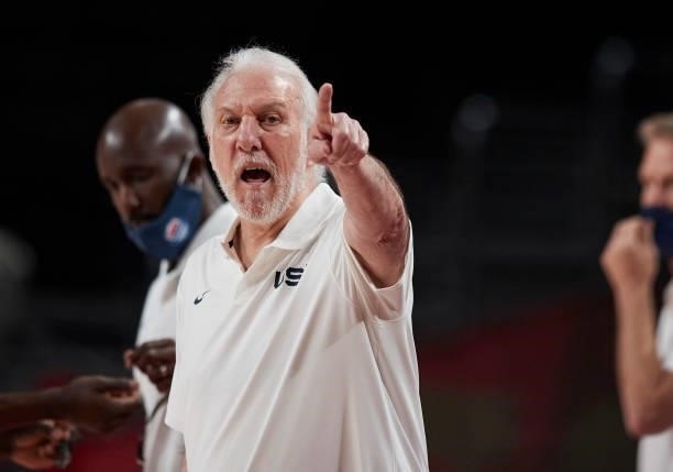 Head coach Gregg Popovich of USA gestures on day two in the Men's First Round Group A match between France and USA at the Tokyo 2020 Olympic Games at...