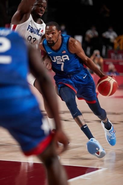Kevin Wayne Durant of USA controls the ball on day two in the Men's First Round Group A match between France and USA at the Tokyo 2020 Olympic Games...