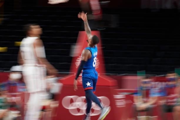 Khris Middleton of USA controls the ball on day two in the Men's First Round Group A match between France and USA at the Tokyo 2020 Olympic Games at...