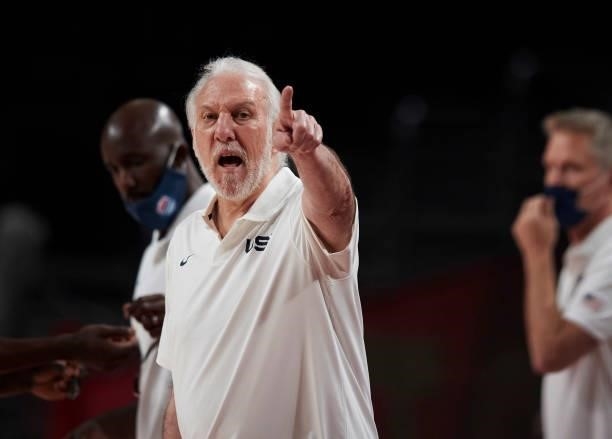 Head Coach Gregg Popovich gestures on day two in the Men's First Round Group A match between France and USA at the Tokyo 2020 Olympic Games at...