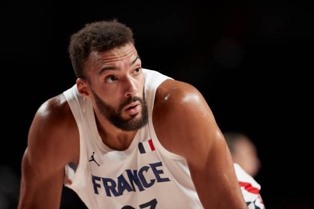 Rudy Gobert of France looks on on day two in the Men's First Round Group A match between France and USA at the Tokyo 2020 Olympic Games at Saitama...