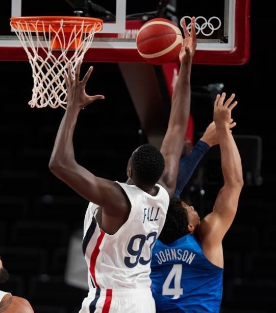 Moustapha Fall of France and Keldon Jonhson of USA battle for the ball on day two in the Men's First Round Group A match between France and USA at...