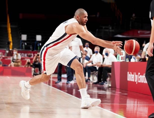 Nicolas Batum of France controls the ball on day two in the Men's First Round Group A match between France and USA at the Tokyo 2020 Olympic Games at...