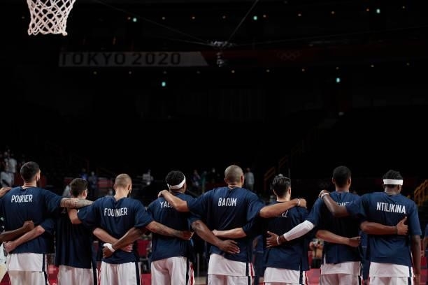 National team of France listen to the anthem on day two in the Men's First Round Group A match between France and USA at the Tokyo 2020 Olympic Games...