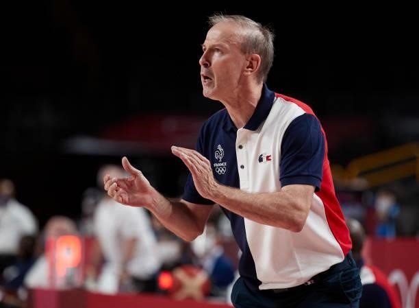 Head coach Vincent Collet of France gestures on day two in the Men's First Round Group A match between France and USA at the Tokyo 2020 Olympic Games...