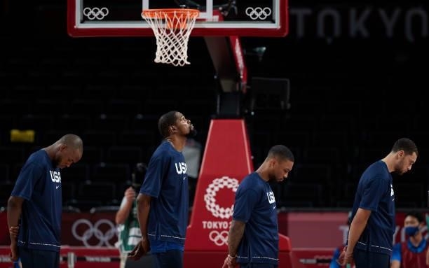 Khris Middleton of USA, Kevin Wayne Durant of USA Damian Lillard of USA undnd Zachary Lavine of USA listen to the national anthem on day two in the...