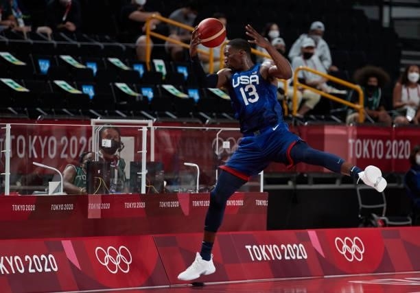 Edrice Femi Adebayo of USA controls the ball on day two in the Men's First Round Group A match between France and USA at the Tokyo 2020 Olympic Games...
