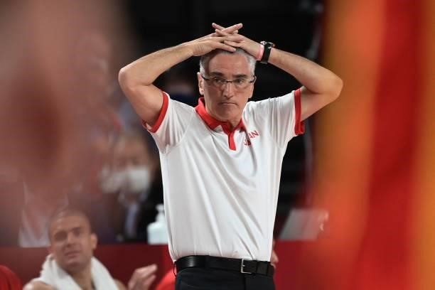 Japan's coach JUlio Lamas reacts during the men's preliminary round group C basketball match between Japan and Spain of the Tokyo 2020 Olympic Games...
